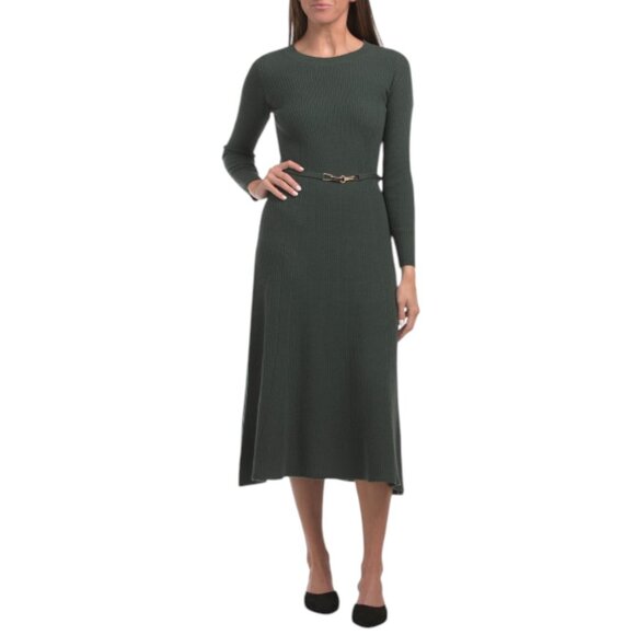 ELIE TAHARI Merino Wool Long Sleeve Crew Neck Logo Belted Ribbed A-line Dress - Picture 1 of 2